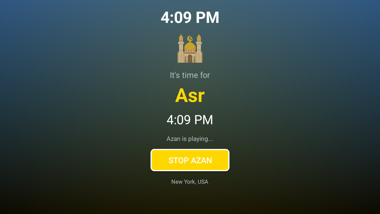 Full-screen Azan reminder for Asr with a Stop Azan button