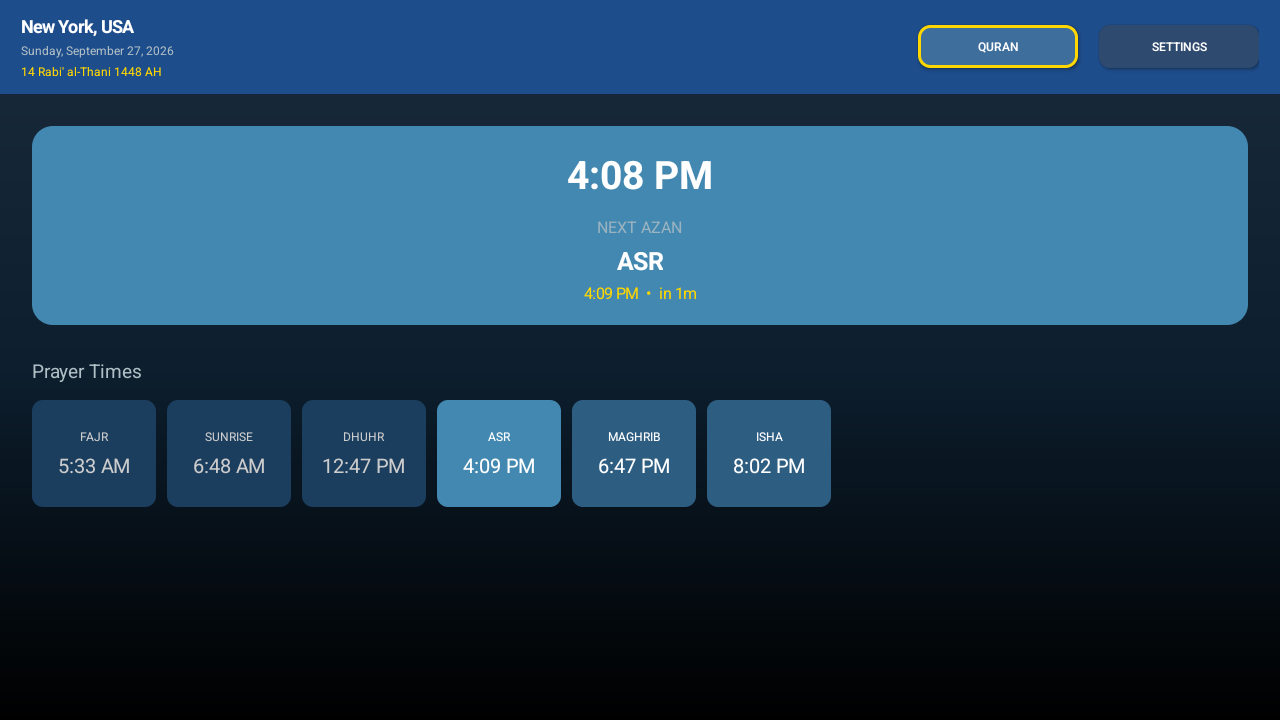 Azan Home home screen with the current time, next Azan and today's prayer times