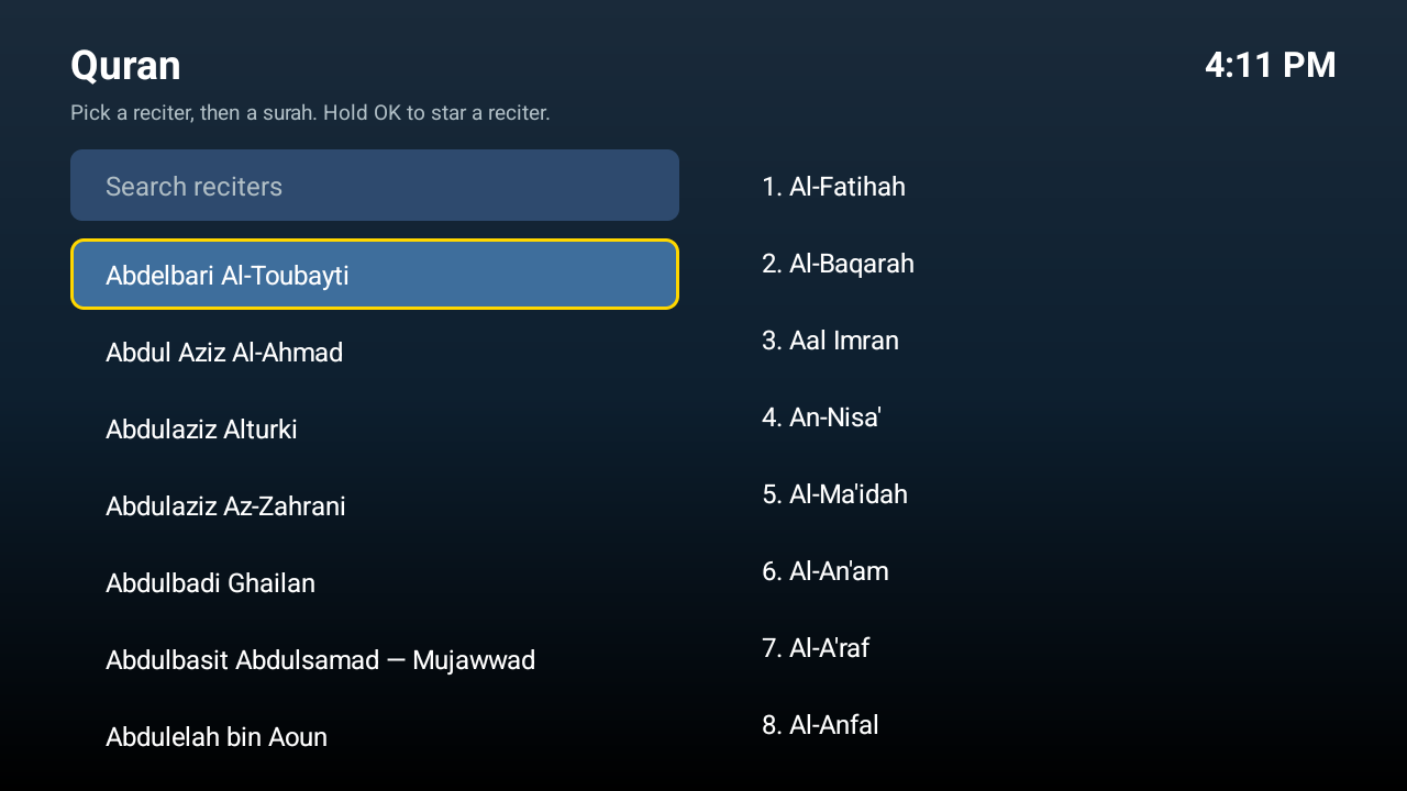 Quran screen with a searchable list of reciters and their surahs